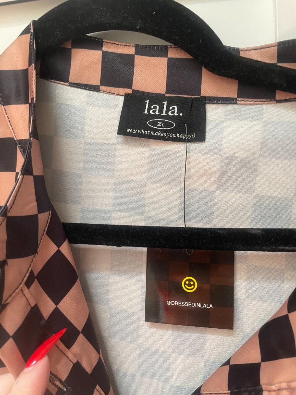 Dressed in LALA Satin Playsuit in Iced Coffee Checkerboard **HEMMED** - Picture 4 of 5